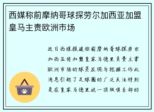 西媒称前摩纳哥球探劳尔加西亚加盟皇马主责欧洲市场
