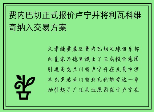 费内巴切正式报价卢宁并将利瓦科维奇纳入交易方案
