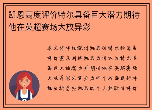 凯恩高度评价特尔具备巨大潜力期待他在英超赛场大放异彩