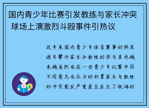 国内青少年比赛引发教练与家长冲突 球场上演激烈斗殴事件引热议