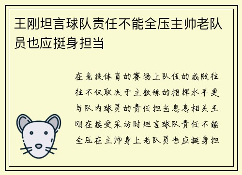 王刚坦言球队责任不能全压主帅老队员也应挺身担当